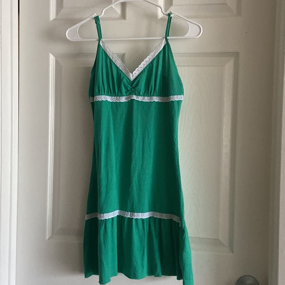 NEW Mellie mini dress in green with white lace trim